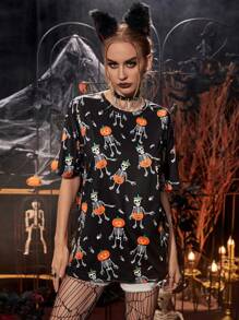 PUNK Maglietta oversize con stampa halloween spalle cadenti - nero - Visualizzare 4