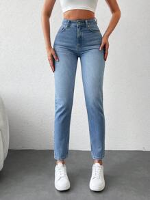 EURMUSE 100%Cotton High Waist Slant Pocket Casual Mom Fit Jeans - Light Wash - View 1