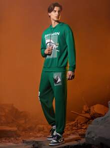 BATMAN X SHEIN Men Letter Graphic Drawstring Hoodie & Sweatpants - Green - View 4