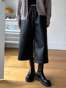 DAZY Elastic Waist Slant Pocket PU Leather Wide Leg Pants - Black - View 5
