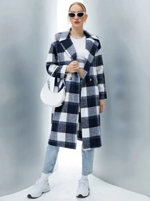 SHEIN Qutie 格紋印花雙排釦花呢外套 - 藏蓝色 - 查看 6