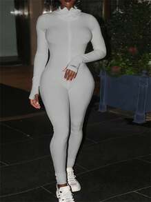 Sumemr Black Sexy  White Ribbed Knitted One Piece Outfits Long Sleeve Jumpsuit For Women  - Grey - View 3