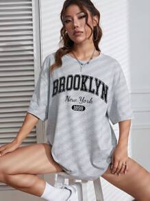 INAWLY 字母图案落肩 T 恤 图案 T 恤 女式上衣 - 灰色 - 查看 5