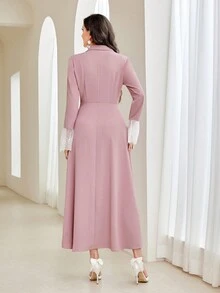 Modelyn Shawl Collar Contrast Lace Dress Without Belt - Dusty Pink - View 2