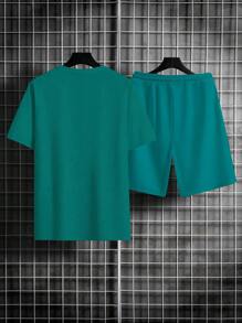 Manfinity Homme Nam Đồ họa Chữ cái Áo thun & Eo dây rút Quần short - Màu xanh Ô liu - Xem 2