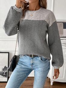 SHEIN Clasi Herringbone Pattern Drop Shoulder Printed Sweater - Multicolor - View 3