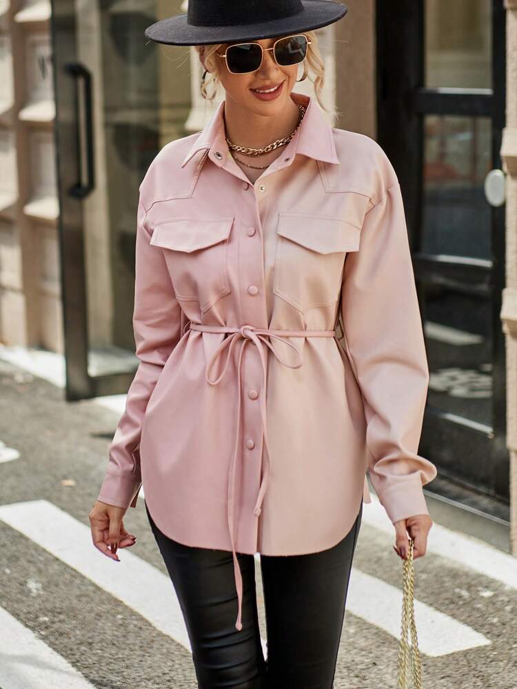 Flap Pocket Drop Shoulder Belted Coat Fall Cloth For Women