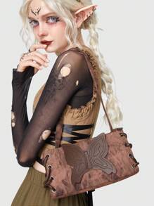 ROMWE Fairycore Mini Square Bag Fashion Butterfly Patched For Work - Brown - View 2