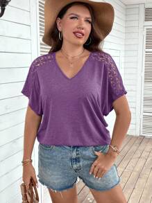 SHEIN Clasi Plus Contrast Lace Dolman Sleeve Tee