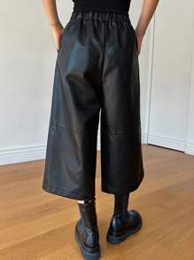 DAZY Elastic Waist Slant Pocket PU Leather Wide Leg Pants - Black - View 2