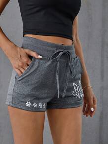 SHEIN LUNE Đồ họa Hoạt hình Eo dây rút Quần short - Màu xám đen - Xem 5