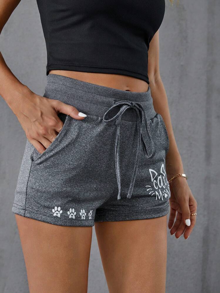 SHEIN LUNE Cartoon Graphic Drawstring Waist Shorts - Dark Grey - View 5