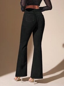 SHEIN BAE High Waist Lace Up Flare Leg Jeans - Black - View 2