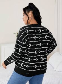 SHEIN Clasi Plus Moon Pattern Drop Shoulder Sweater Knit Pullover Fall Winter Sweater - Black - View 2