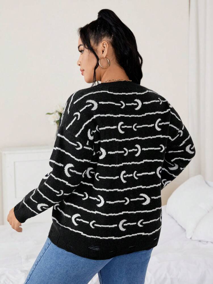 Plus Moon Pattern Drop Shoulder Sweater Knit Pullover Fall Winter Sweater