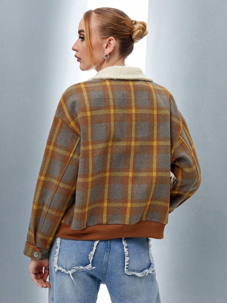 Plaid Print Flap Pocket Drop Shoulder Jacket Fall Cloth For Women
