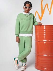 Tween Boys Casual College Style 3D English Text Embossed Patched Shirt Collar Faux Layers Sweatshirt With Knitted Pants Set, Thermal Lined, Thickened - Green - View 1