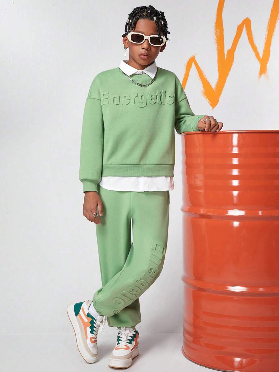 Tween Boys Casual College Style 3D English Text Embossed Patched Shirt Collar Faux Layers Sweatshirt With Knitted Pants Set, Thermal Lined, Thickened - Green - View 1