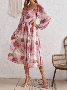 SHEIN VCAY Allover Print Square Neck Lantern Sleeve Ruched Bust Dress