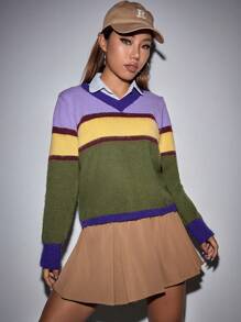 SHEIN Unity 1pc V-Neck Color Block Knit Pullover Fall Winter Sweater - Multicolor - View 3