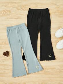 SHEIN 女小童2入組愛心刺繡木耳邊喇叭褲