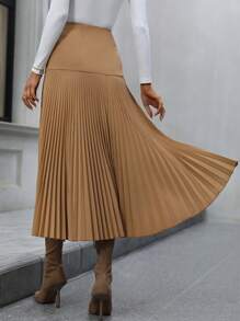 SHEIN Clasi Button Detail Pleated Skirt - Khaki - View 2