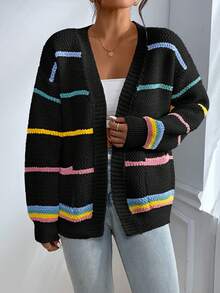 SHEIN Qutie Striped Pattern Drop Shoulder Duster Cardigan - Multicolor - View 6