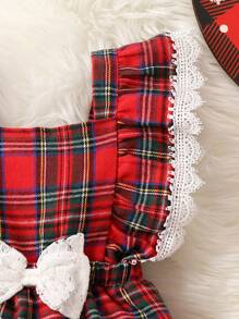 SHEIN Baby Girl Tartan Print Ruffle Trim Bow Front Bodysuit for Christmas - Multicolor - View 3
