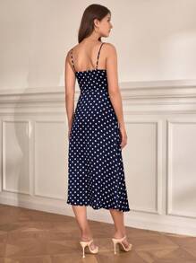 SHEIN Frenchy 波點圖案前繫帶高衩吊帶洋裝 - 藏蓝色 - 查看 3