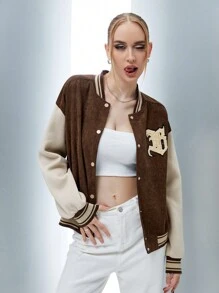 SHEIN Qutie Letter Patched Striped Trim Drop Shoulder Varsity Jacket - Brown - View 1