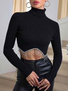 Zolique Rhinestone Fringe Hem Turtle Neck Crop Sweater Knit Pullover Fall Winter Outfit