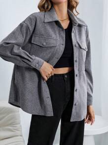 SHEIN Essnce 翻蓋口袋落肩袖花呢外套 - 灰色 - 查看 1