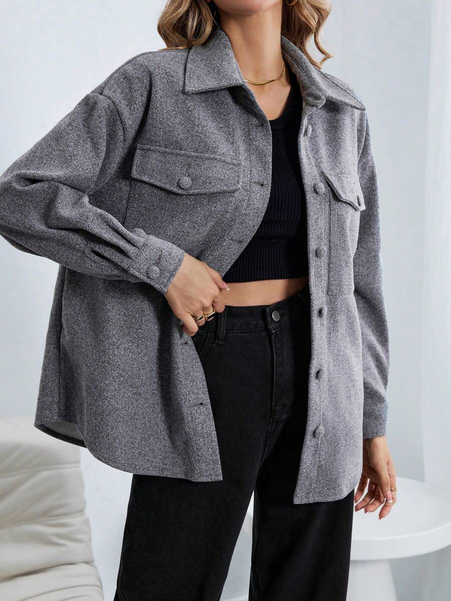 SHEIN Essnce 翻蓋口袋落肩袖花呢外套 - 灰色 - 查看 1