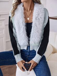 SHEIN LUNE Hai âm Trang trí Fuzzy Thả vai Áo len Mở - Xám - Xem 4