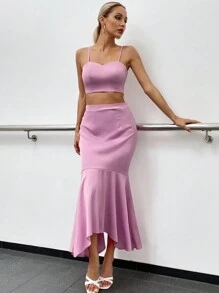 Zolique 素色吊帶上衣&魚尾短裙 - 藕粉色 - 查看 4