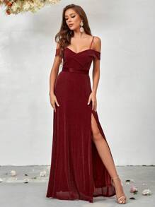 SHEIN Belle Váy cô dâu xẻ đùi lạnh vai - Cà phê nâu - Xem 3