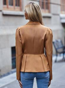 SHEIN Clasi Shawl Collar Puff Sleeve Fold Pleated Detail Double Button Blazer - Khaki - View 2