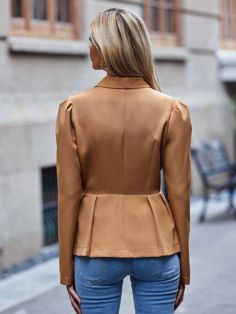 Shawl Collar Puff Sleeve Fold Pleated Detail Double Button Blazer
