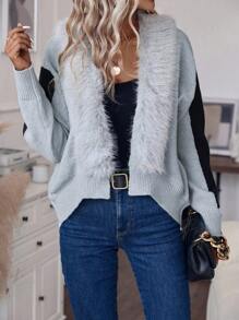 SHEIN LUNE Hai âm Trang trí Fuzzy Thả vai Áo len Mở - Xám - Xem 1