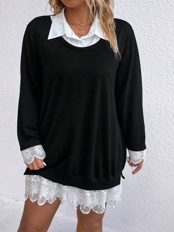 Juhart Talla grande Vestido sudadera con encaje en contraste 2 en 1