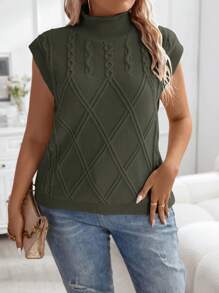 SHEIN Unity Plus Cable Knit Mock Neck Sweater Vest - Army Green - View 5