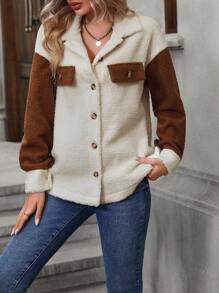 EMERY ROSE 雙色落肩袖翻蓋細節絨毛外套 - 杏色 - 查看 3