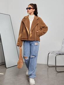 SHEIN Teen Girl Zip Up Teddy Jacket - Brown - View 6