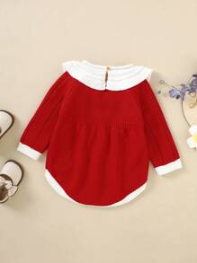 SHEIN 女嬰拼接邊後鎖孔針織連體衣 - 紅色 - 查看 2