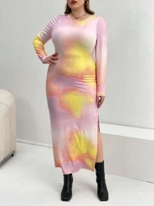 SHEIN Privé Plus Tie Dye Split Hem Bodycon Dress