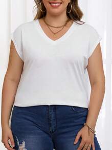 SHEIN Franclia Plus Solid V Neck Batwing Sleeve Tee - White - View 5