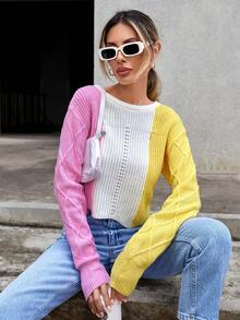 SHEIN Essnce 撞色網眼針織落肩袖套頭毛衣 - 彩色 - 查看 2