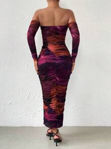 Zolique Off Shoulder Ruched Mesh Bodycon Dress - Multicolor - View 2