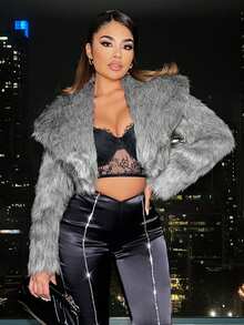 SHEIN SXY 大翻領開門襟短款毛茸茸外套 - 灰色 - 查看 7