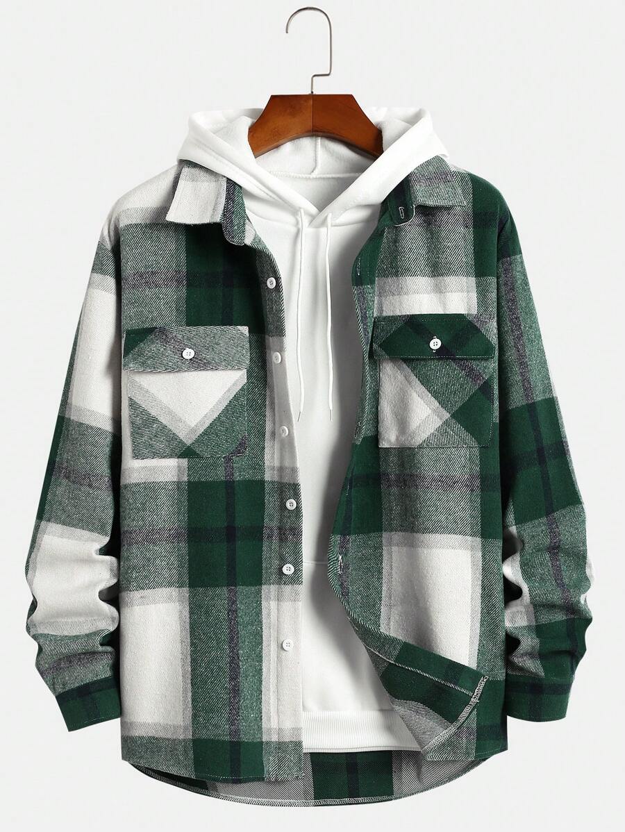 Manfinity Hypemode Loose Fit Men's Plaid Pattern Overcoat Without Hood And With Flap Pockets - Green - View 1